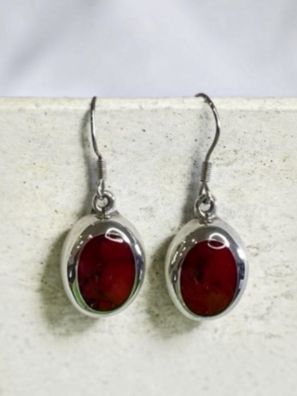 Mexico Sterling Silver Red Stone Drop Earrings